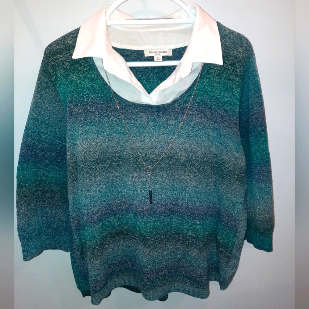 Studio Works Green & Blue Sweater, shirt combo, detachable necklace size 2x EUC